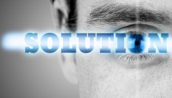 Futuristic image with sign Solution incorporating human eye as the letter O.